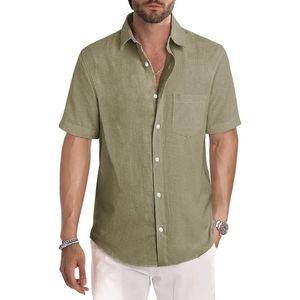 Camisa de Vestir a Rayas Amarillas con Botones, Camisa de Verano de Algodón Popelín con Cuello Camp Collar, Manga Corta, Camisas a Rayas para Vacaciones - Product Image 4