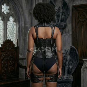 <b>Underbust</b> Steelboned Fashion And Club Wear Black Leather Harness <b>Corset</b> Set - Product Image 4