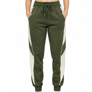 Pantalones Deportivos Casuales para Mujer, Color Verde Oliva, Estampados, con Paneles Laterales en Contraste Blanco, Cintura Alta y Tobillos con Puños - Product Image 2