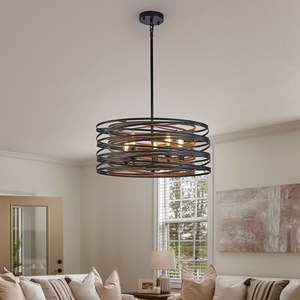 Lustre suspendu rustique industriel à 5 lumières de 20 pouces, cage en métal noir noyer, accents en bois pour îlot de cuisine, salle à manger (sans ampoules) - Product Image 2