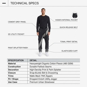 Pantalon cargo streetwear homme en molleton brossé de coton biologique 480 GSM, entrejambe tombant, teinture surdimensionnée noire, taille élastique, qualité premium - Product Image 5