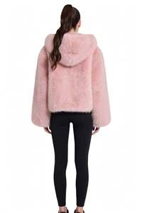 Pink Faux <b>Fur</b> <b>Hooded</b> <b>Jacket</b> Short Batwing Sleeve Winter Coat Warm Sweet Style Outerwear - Product Image 5
