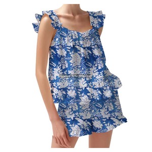 Women's Floral Pajama Set 2 Piece Loungewear Ruffle Hem Tank Top Vest Shorts <b>PJs</b> Set Ruffle Sleeve Cami Lounge Set Ruffle Trim - Product Image 4