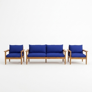 Ensemble de chaises de salon en teck massif avec coussins bleus, fauteuils de patio extérieurs faits à la main, ensemble de meubles de salon - Product Image 1