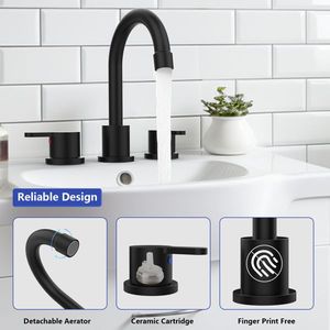 Rubinetto per Lavabo Nero Opaco a 2 Maniglie, 8 Pollici, 3 Fori, Girevole a 360° per Lavabi da Bagno - Certificato CupC - Product Image 2
