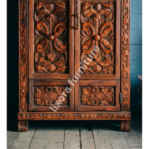 Luxury Handcrafted Solid Wood 2 Door <b>Wardrobe</b> Ornate Botanical Carving Antique Honey Oak Armoire - Product Image 3