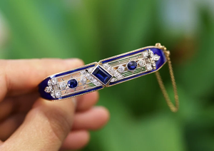 Bracelet chaîne géométrique vintage plaqué or pour femme avec saphir et diamant taille brillant rond serti en canal - Product Image 3