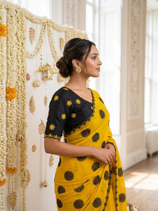 Sari Amarillo con Estampado Digital y Motivos Florales Negros para Mujer, Ropa de Boda, Sari Étnico Tradicional Indio, Material de Poliéster - Product Image 3