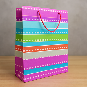 Vibrant multicolor striped gift bag with <b>red</b> rope handle reusable <b>paper</b> tote for birthdays parties weddings and special occasion - Product Image 3