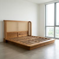 Cadre de lit en bois de teck avec tête de lit en rotin, lit plateforme à profil bas, base King Size pour mobilier de chambre moderne, vente en gros