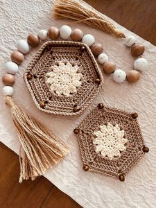 Geometric Flower Shaped Hex Coaster Crochet Beige Brown Bead Premium Yarn Heat Resistant Cup Mat Boho Rustic <b>Kitchen</b> Essential - Product Image 3