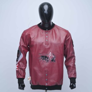 Blousons Bomber Homme en Cuir Véritable Rouge, Col Rond, Broderie Logo Taureau, Tenue Décontractée Automne-Printemps, Imperméable et Respirant - Product Image 1