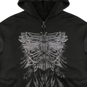 <b>Men's</b> Gothic Hooded Zipper Sweatshirt Oversized Black Glitter Cross Print Regular Sleeve Knitted Autumn Wear - Product Image 6