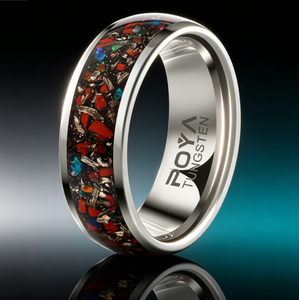 Bague en carbure de tungstène avec incrustation d'os de dinosaure, de météorite et de pierre bleue, alliance biseautée pour homme, bijoux galaxie en gros - Product Image 1