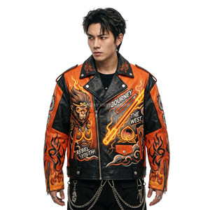 Blouson en cuir orange personnalisé pour homme, motif graphique Sun Wukong, veste de moto, streetwear Roi Singe, vente en gros - Product Image 2