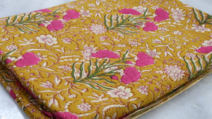 Hand Block Printed Cotton Fabric by Yard Mustard Pink Floral Jaipur Sanganeri Print Dress <b>Sewing</b> Fabric - Product Image 1