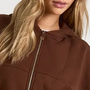 Women's <b>Brown</b> Cropped Hooded Zip-Up Sweatshirt <b>Long</b> <b>Sleeve</b> Solid Color Knitted Oversized Winter Wear 100% Cotton Eco-Friendly - Product Image 2