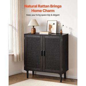 Mobiletto in Rattan con Ripiani Regolabili e 2 Ante Magnetiche, Credenza Decorativa con Gambe in Legno per Soggiorno - Product Image 2