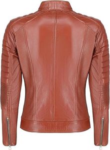 Women's <b>Brown</b> Genuine <b>Leather</b> Moto <b>Jacket</b> Full Sleeve Stand Collar Zipper Closure Autumn Style Women <b>Leather</b> <b>Jacket</b> - Product Image 4