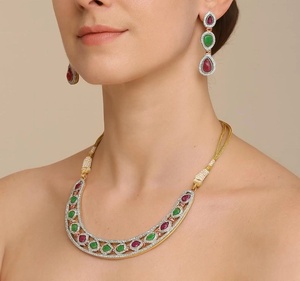 RAY FINE ORNATES 22K Gold Plated <b>Ruby</b> Pink CZ IGI Certified Vintage Bridal Wedding Statement <b>Necklace</b> Set Red Green Earrings - Product Image 1