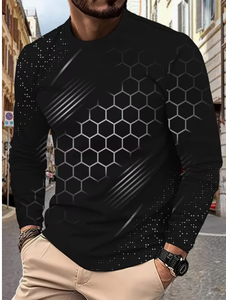 T-shirt décontracté pour homme, noir, à manches longues, tricoté, col rond, coupe ajustée, couleur unie - Product Image 6