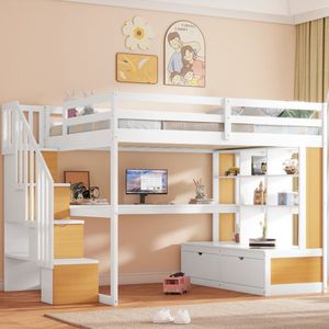 Lit mezzanine moderne pleine grandeur avec bureau, étagères, rangement et escalier, taille Queen, blanc et bois naturel - Product Image 5