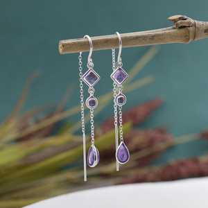 Pendientes Largos de Plata de Ley 925 con Amatista, Cadena Larga con Colgante de Piedra Preciosa Morada, Joyería de Exportación de la India - Product Image 6