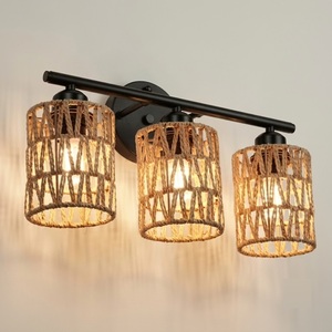 Modern 3-Light Rattan <b>Bathroom</b> <b>Vanity</b> Light Fixture Boho Handwoven Hemp Rope Wall Sconce Over Mirror <b>Rustic</b> Farmhouse Indoor - Product Image 1