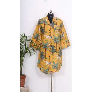 Chemise kimono en coton indien imprimé à la main pour femmes, manches longues, longueur midi, robe de nuit pour l'été - Product Image 1