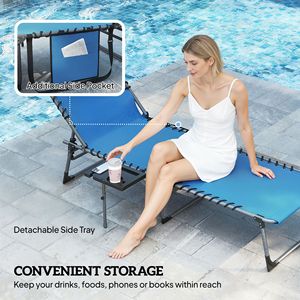 Sdraio Pieghevole Blu da Esterno con Schienale Regolabile a 5 Livelli, Tavolino Laterale Resistente alle Intemperie e Tasca Porta Cuscino per Prendere il Sole - Product Image 6