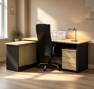 Bureau de direction moderne en L avec armoire de rangement, unité à 3 tiroirs en panneau mélaminé, système de bureau AY, espaces de travail à domicile - Product Image 1