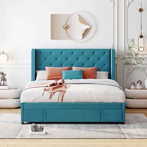 <b>Queen</b> <b>Size</b> Storage Velvet Upholstered Platform <b>Bed</b> with Wingback Headboard and Big Drawer Up-Holstered <b>Beds</b> - Product Image 2
