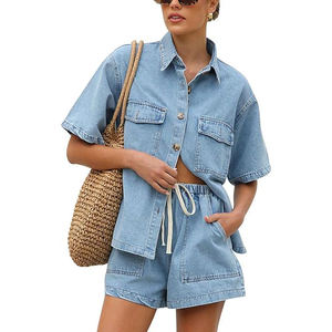 Ensemble deux pièces décontracté en jean pour femme, coupe ample, chemise courte à manches courtes avec poches et short, ensemble tendance de haute qualité pour l'été - Product Image 1