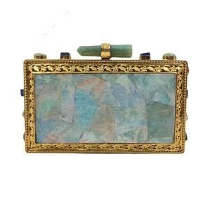 กระเป๋าคลัทช์โมเสคพลอยอะเมโซไนต์ พร้อมกรอบทอง กระเป๋าถือสำหรับงานเลี้ยงกลางคืนสุดหรูสำหรับผู้หญิง ประดับด้วยหินธรรมชาติ ทำด้วยมือ - Product Image 1
