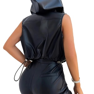 Chaleco de Cuero PU Moderno para Mujer con Gorro con Cordón y Bolsillo con Cremallera, Estilo Corto, Casual, Cómodo, para Primavera y Otoño - Product Image 4