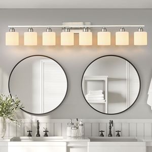 Lampada da Bagno Moderna a 8 Luci, 52 Pollici, in Nichel con Paralume in Vetro Bianco Latte, Illuminazione a Parete per Specchio - Product Image 3