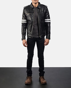 Men's Black Genuine <b>Leather</b> Biker <b>Jacket</b> with White Sleeve Stripes Zip Front Motorcycle Rider Casual Fashion Outerwear Custom - Product Image 6