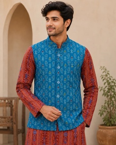 Men Blue Cotton Nehru <b>Jacket</b> With Digital Print Pattern Regular Fit Traditional Indian Pakistani Style <b>Wedding</b> Wear - Product Image 1