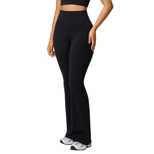 <b>High</b> <b>Waist</b> <b>Flared</b> Leg Yoga <b>Leggings</b> Full Length Solid Olive Green Spandex Nylon Seamless Four-Way Stretch Elastic <b>Waist</b> - Product Image 4