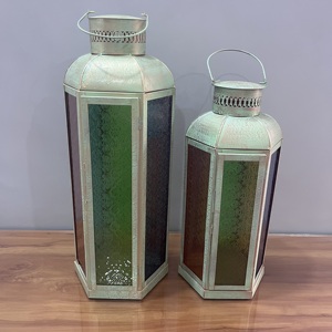Vintage Iron <b>Lantern</b> <b>Set</b> of 2 with Colored Glass Handmade Candle <b>Lantern</b> for Ramadan Eid Home Wedding Decor - Product Image 3