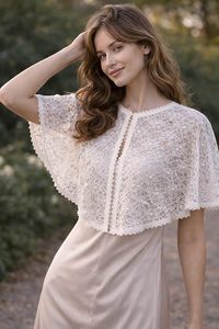 Women White Lace <b>Poncho</b> with Pearl Work Front Open Net Cape Party & Shrug - Product Image 2