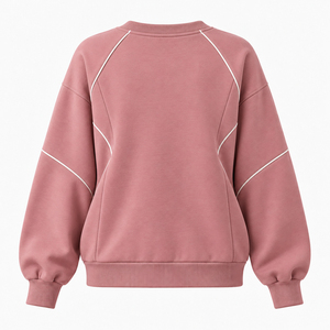 Custom <b>Women's</b> <b>Sweatshirt</b> With <b>White</b> Piping Detail Relaxed Balloon Sleeves Ribbed Crew Neck Casual Athletic Pullover Wholesale - Product Image 2