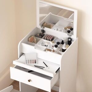 Mini Space Saving <b>White</b> Makeup Vanity Set Cute Dressing <b>Table</b> with Chair & Drawers <b>Small</b> Vanity Desk for Optimal Use - Product Image 5