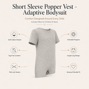 Gilet gris confortable avec fermeture éclair |   Vêtements sensoriels spéciaux pour enfants, vêtements inclusifs, combinaison en coton extensible à manches courtes, ajustement doux et adaptatif - Product Image 5