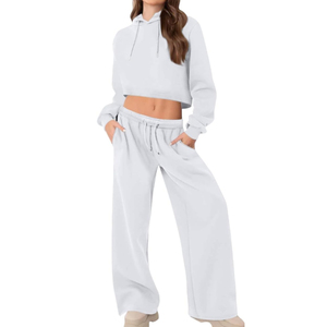 Ensemble décontracté 2 pièces pour femme, bleu marine, avec crop top à capuche et pantalon large, coupe ample, manches longues, en coton tricoté uni et respirant, idéal pour l'été - Product Image 5