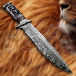 Custom Handmade Damascus Steel Bowie <b>Knife</b> with Lion King Engraved <b>Handle</b> & Leather Sheath Hunting Camping OEM Ideal Gift - Product Image 3