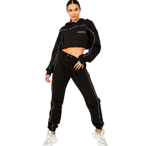Women Cropped Hoodie Tracksuit Set Piping Detail Pullover Sweatshirt Jogger <b>Trousers</b> Drawstring Waist Two Piece Outfit Wholesale - Product Image 1