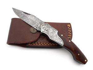 Cuchillo Plegable de Acero de Damasco Nordic Forge EDC con Mango de Madera de Palisandro y Funda de Cuero, Cuchillos de Bolsillo con Bolster Grabado a Mano - Product Image 2