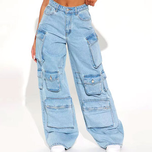Jean cargo en denim bleu clair de haute qualité pour femme, multi-poches, coupe large et ample, pour un style décontracté et la mode de tous les jours - Product Image 5