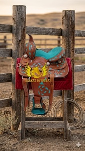Custom Kids Brown Tooled Turquoise inlay Genuine Leather Western Horse Saddle for kids Portable Riding durable comfy seat - Product Image 3